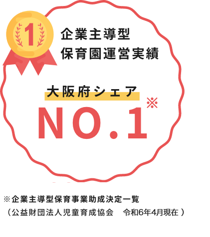 企業主導型保育園運営実績　大阪府シェア No.1 ※企業主導型保育事業助成決定一覧（公益財団法人児童育成協会　令和２年３月３１日）